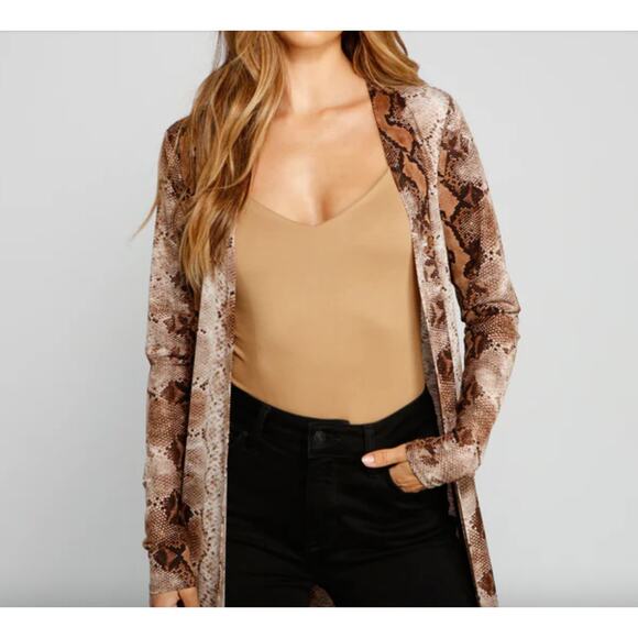 Windsor S Tan Snake Animal Print Long Sleeve Drape Relaxed Fit Duster Cover Up - Picture 2 of 7